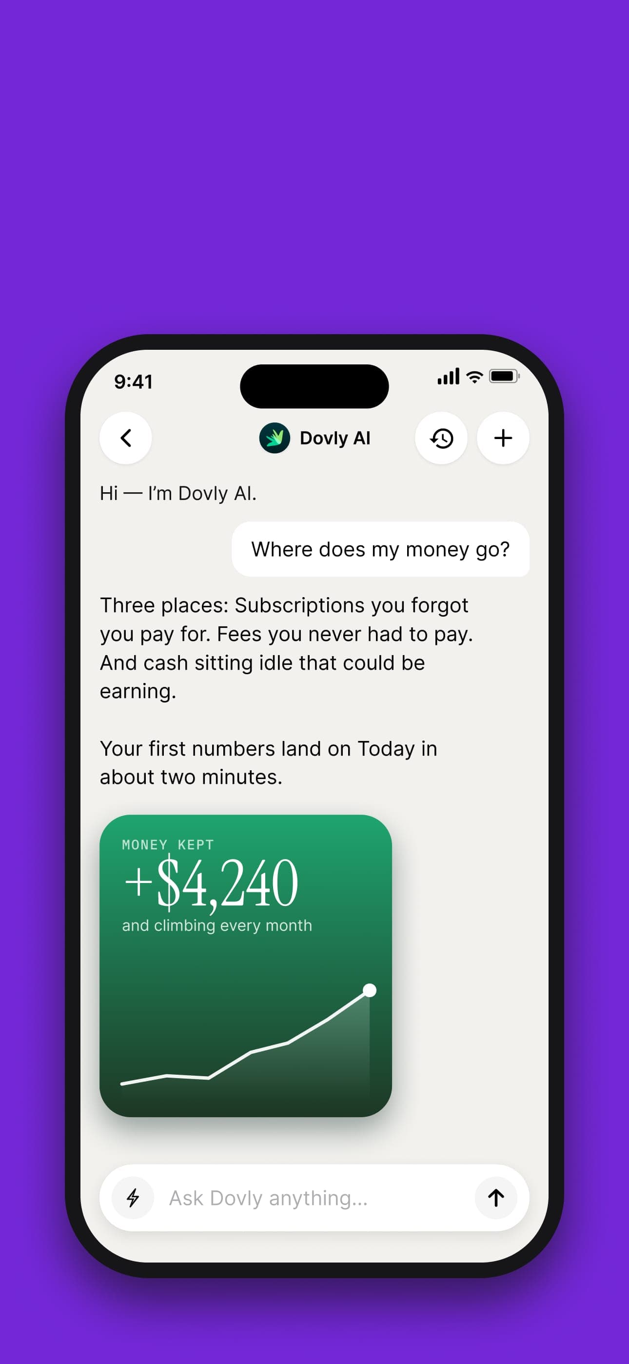 The Dovly AI app answering “Where does my money go?” with a card showing money kept, using example numbers.