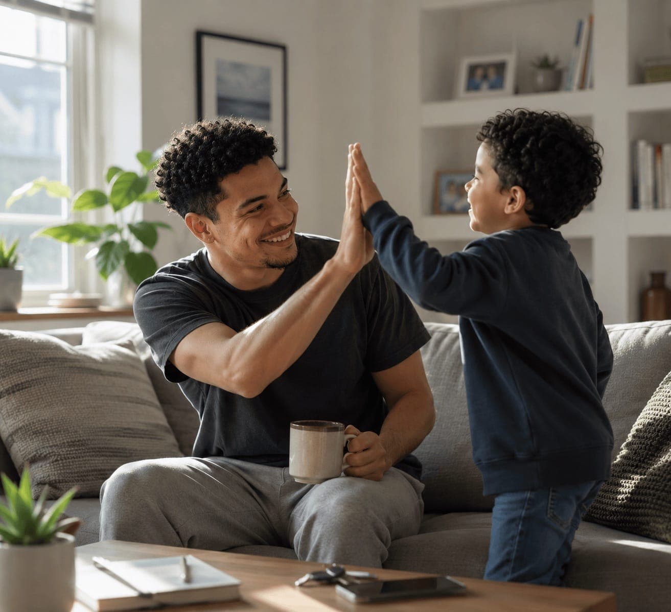 Family laughing together at home with pillows