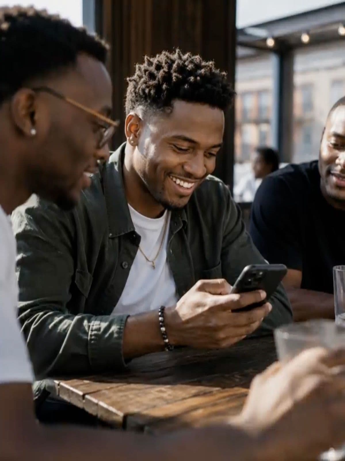 Three friends at an outdoor table smiling at a phone together