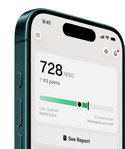 iPhone showing a credit score of 728 with a 63 point increase in the Dovly AI app