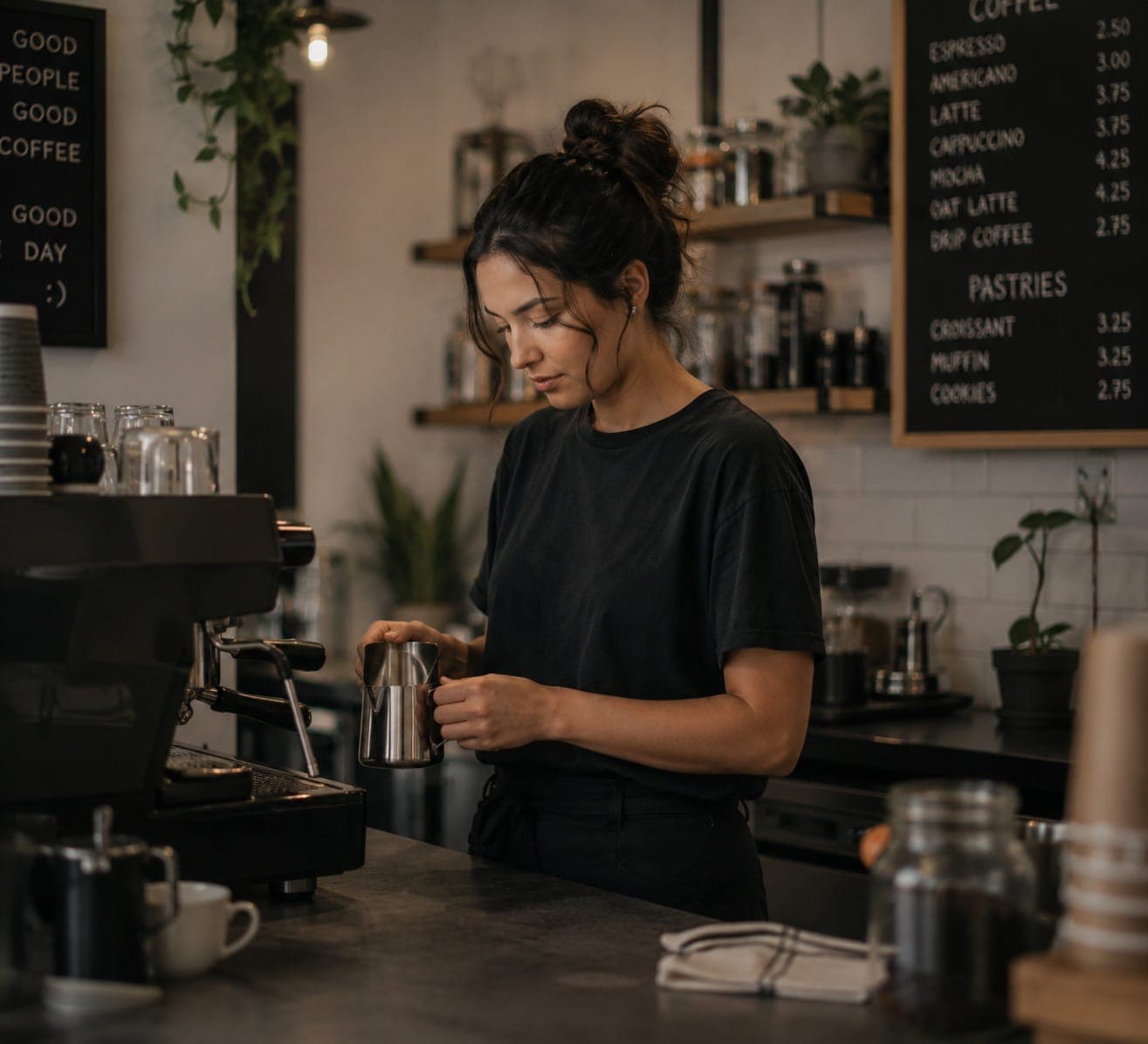 Small business owner at a counter inside their shop